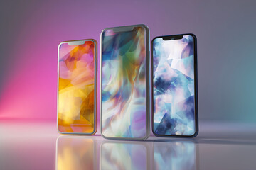 Three smartphones with vibrant abstract wallpapers displayed on a reflective surface, showcasing modern design