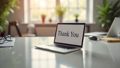 Laptop displaying 'Thank You' message in modern office setting  