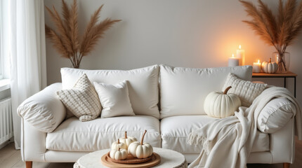 Cozy room in scandinavian style with white sofa, white pumpkins and burning candles on wooden table, thanksgiving decor