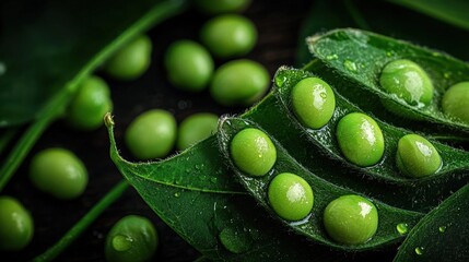 Close-up of a group of green peas on a leaf. the peas are round and plump, and they are covered in small droplets of water. the leaf is dark green and has a pointed tip.