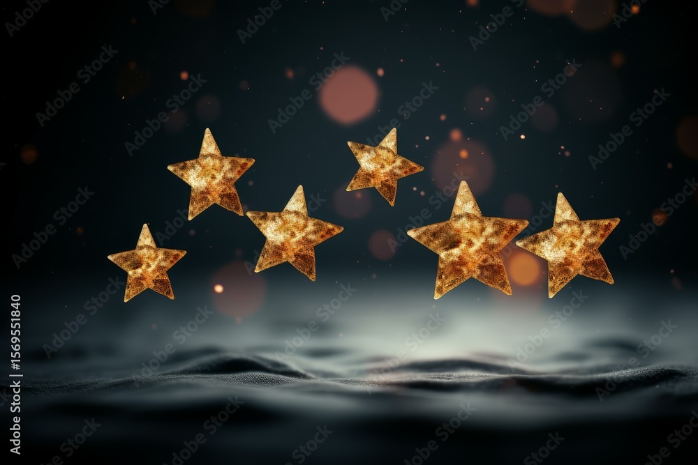 Poster golden stars floating over a dark abstract background with bokeh effect, creating a magical and fest