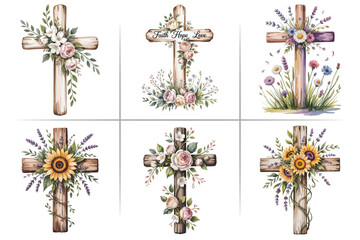 Wooden Cross with Flowers Clipart Bundle – Rustic Christian Symbol Decorated with Roses, Lilies, and Greenery – Perfect for Memorials, Easter, Wedding Invitations & Faith-Based Designs – Editable Vect