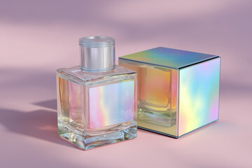Glass perfume bottle with iridescent reflections beside a colorful box on a soft pink background, showcasing luxury packaging