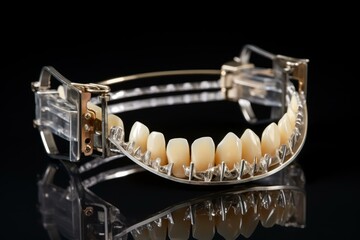 Dental prosthesis framework displaying artificial teeth set in a plastic base, resting on a reflective black surface