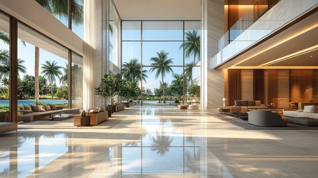 Grand hotel lobby, tropical views