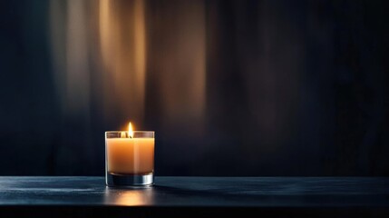 Close-up of a single candle on a dark table. the candle is lit, casting a warm glow on the surrounding area. the background is blurred, making the candle the focal point of the image.