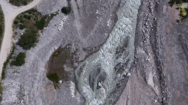 A mountain river in the Talgar gorge, in the Tien Shan Mountains. The view from the drone.