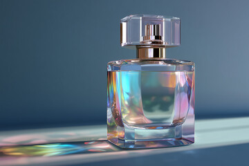 Elegant glass perfume bottle with colorful reflections, showcasing a luxurious design, placed against a soft gradient background