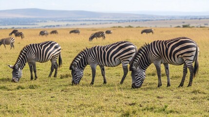 Fototapeta premium Zebras grazing in a savanna landscape