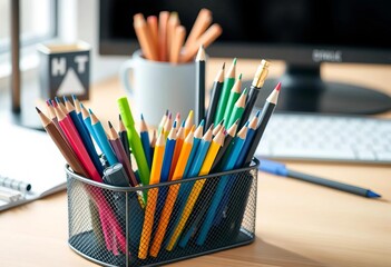 Fototapeta premium Neatly organized pencils and pens in a home office desk organizer, office supplies, organization