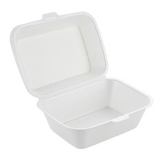 Open white disposable food container for takeout meals isolated on transparent background