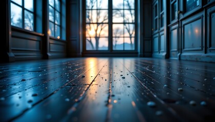 the image presents a view across a dark, reflective surface, possibly a polished wooden floor, the surface is speckled with numerous out of focus bright spots