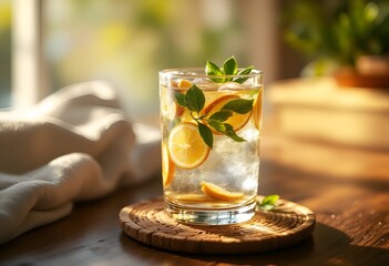 Sunlit Lemon and Mint Iced Drink Refreshing Summer Beverage in Glass.