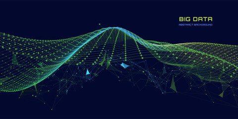 Abstract technology background with wavy color grid in dark. Analytics data algorithms. Computing concept. Big Data. Banner for business, science and technology.