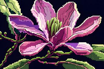 A pixel art illustration of a blooming pink magnolia flower