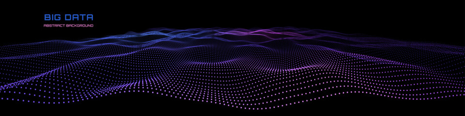 Abstract wavy background color points  on dark blue. Array with particles in dynamic lines cyberspace. Concept technology futuristic style.