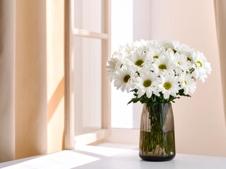 Elegant White Chrysanthemum Bouquet in Glass Vase by Window