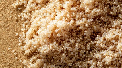 Close-up of a pile of small, round, light brown seeds. the seeds appear to be quinoa or quinoa, and they are densely packed together.