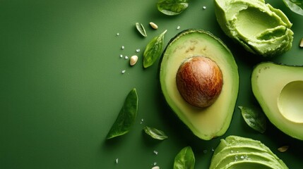 Flat lay of sliced avocado on a green background. the avocado is cut in half, revealing its creamy green flesh and a brown seed in the center.