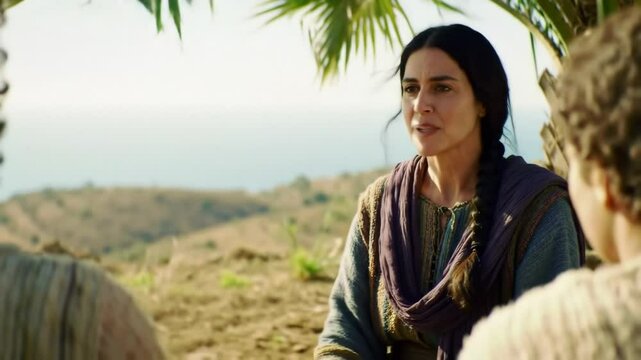 Deborah Seated Beneath a Large Palm Tree on a Hillside Judging Israel, Listening Intently to Group of People Gathered Before Her