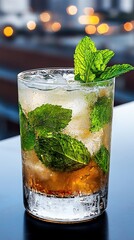 Cocktail with City Skyline at Night, closeup of mojito with condensation and mint garnish, glowing rooftop view and ambient night lighting