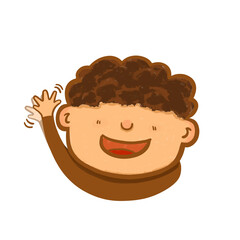 Waving boy cartoon illustration of cute character with big smile open mouth and hand up showing goodbye welcome gesture perfect for children mascot sticker or fun design element