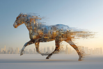 Dynamic horse silhouette with urban cityscape overlay, showcasing the fusion of nature and modern architecture
