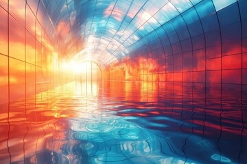 Futuristic Glass Tunnel with Water Reflection and Gradient Light futuristic tunnel water reflection glass light gradient architecture abstract fantasy sci-fi surreal glow perspective immersion sunset