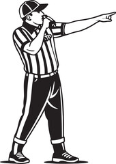 Black and white illustration of a sports referee blowing a whistle while pointing. Perfect for sports rules, judgment, or authority concepts.