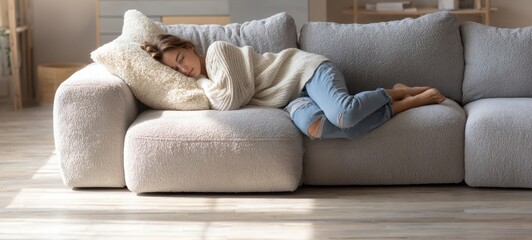 The woman relaxing on a cozy couch in a peaceful living room.