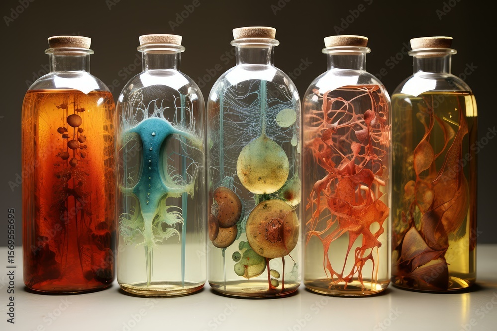 Poster five glass bottles with cork lids containing colorful organic specimens preserved in liquid, creatin