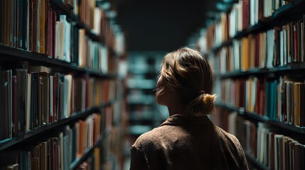 A person looking at books on shelves in a library. The person is wearing a brown coat and has their hair pulled back in a ponytail.