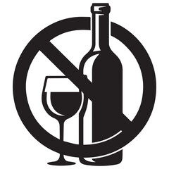 Black and white prohibition symbol over a wine bottle and glass indicating no alcohol consumption or drinking prohibition