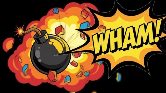 Cartoon Bomb detonates with Wham! explosion on Black Background, representing impact, with copy space