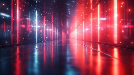 Abstract Digital Corridor with Red and Blue Neon Lights abstract digital corridor neon red blue futuristic technology cyber data network tunnel light glow reflection particles dynamic dark vibrant ai