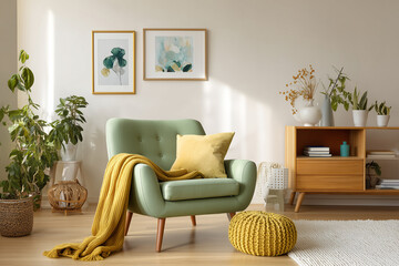 Cozy living room featuring a green armchair adorned with a yellow throw blanket and pillow, surrounded by plants