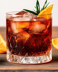Cocktail with Classic Speakeasy Mood, deep red Negroni on a wooden bar, lowkey lighting with vintage atmosphere and strong shadows