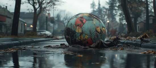 A lonely abandoned soccer ball resting in a puddle reflecting the urban street