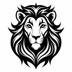 Obraz premium Stylized black and white illustration of a majestic lion head with intricate details and bold lines for tattoo or logo design.