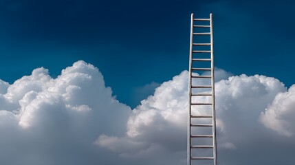 An ascending ladder extends into a vibrant blue sky, bordered by fluffy white clouds, symbolizing aspirations and upward mobility.