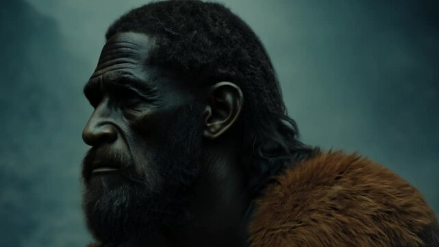 Ancient hominid wearing animal hide observing horizon