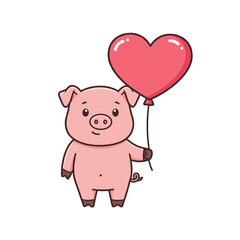 Cartoon pig character holding a big red heart balloon, standing happily