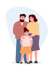 Happy family together, taking care of the child. Mom and dad with their daughter. Vector flat graphics.