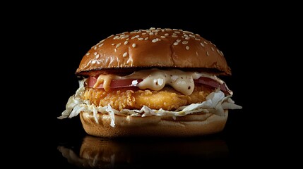 Crispy Chicken Burger with Mayonnaise on Dark Background Gourmet Fast Food Photography