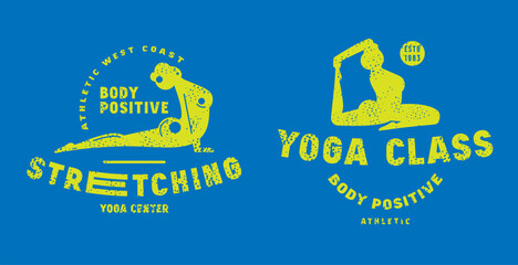 Body positive stretching class emblem. Graphic design with typographic and silhouettes of girl in asana. Orange print with rough texture on white background