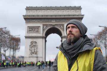Man wearing a yellow vest stands in front of a historic archway in Paris, observing a gathering of people in the background, embodying a moment of protest and civic engagement