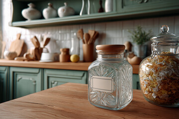Glass jar with wooden lid is placed on a rustic kitchen table, surrounded by various kitchen utensils and decorative items