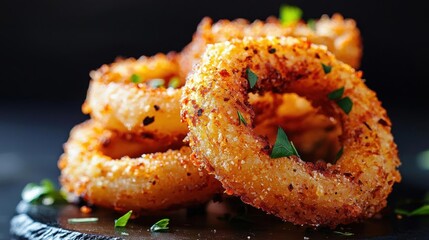 Plate of fried onion rings. the onion rings are golden brown and appear to be crispy on the outside. they are arranged in a circular pattern on a black plate.