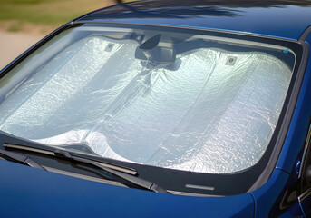 Close-up of blue car with reflective silver sunshade on windshield
