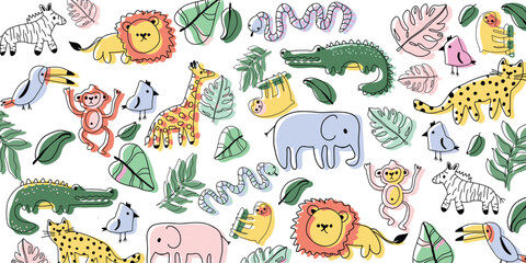 Vector seamless illustration of different animals and plants, bright colors, white background, cartoon hand drawing style